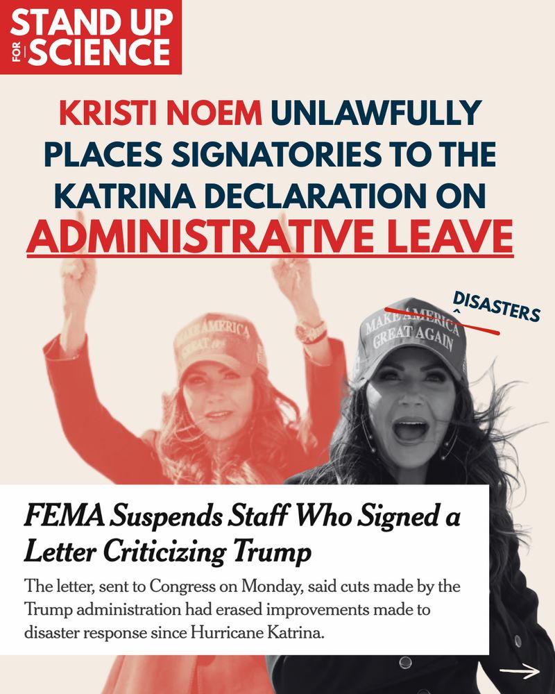 Graphic highlighting the suspension of FEMA staff who criticized Trump, featuring DHS Secretary Kristi Noem in 'Make America Great Again' hat with 'America' crossed out to say 'Disasters'.