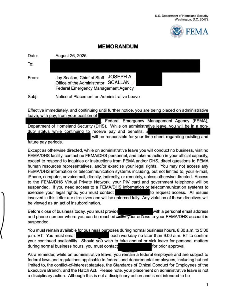 A memorandum from the U.S. Department of Homeland Security, FEMA, dated August 26, 2025. It is addressed to a redacted recipient and issued by Joseph A. Scallan, Chief of Staff, Office of the Administrator, FEMA.