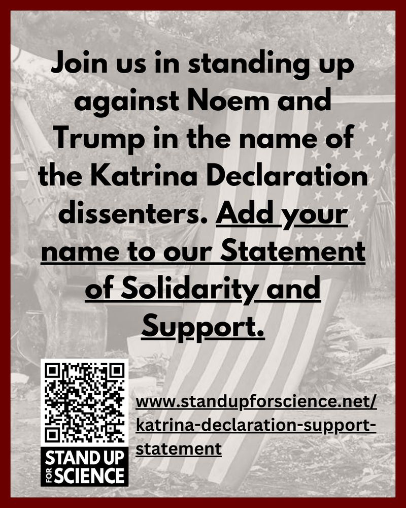Text urging support for the Katrina Declaration dissenters against Noem and Trump, with a QR code and link for participation.