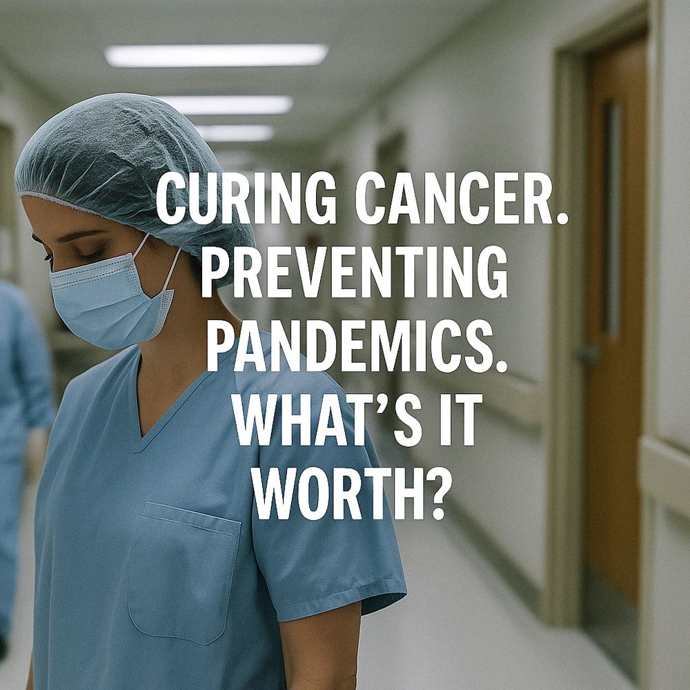 A serious medical scene shows a healthcare worker in surgical scrubs standing in a hospital corridor. Bold white text overlays the image, reading: “Curing cancer. Preventing pandemics. What’s it worth?”