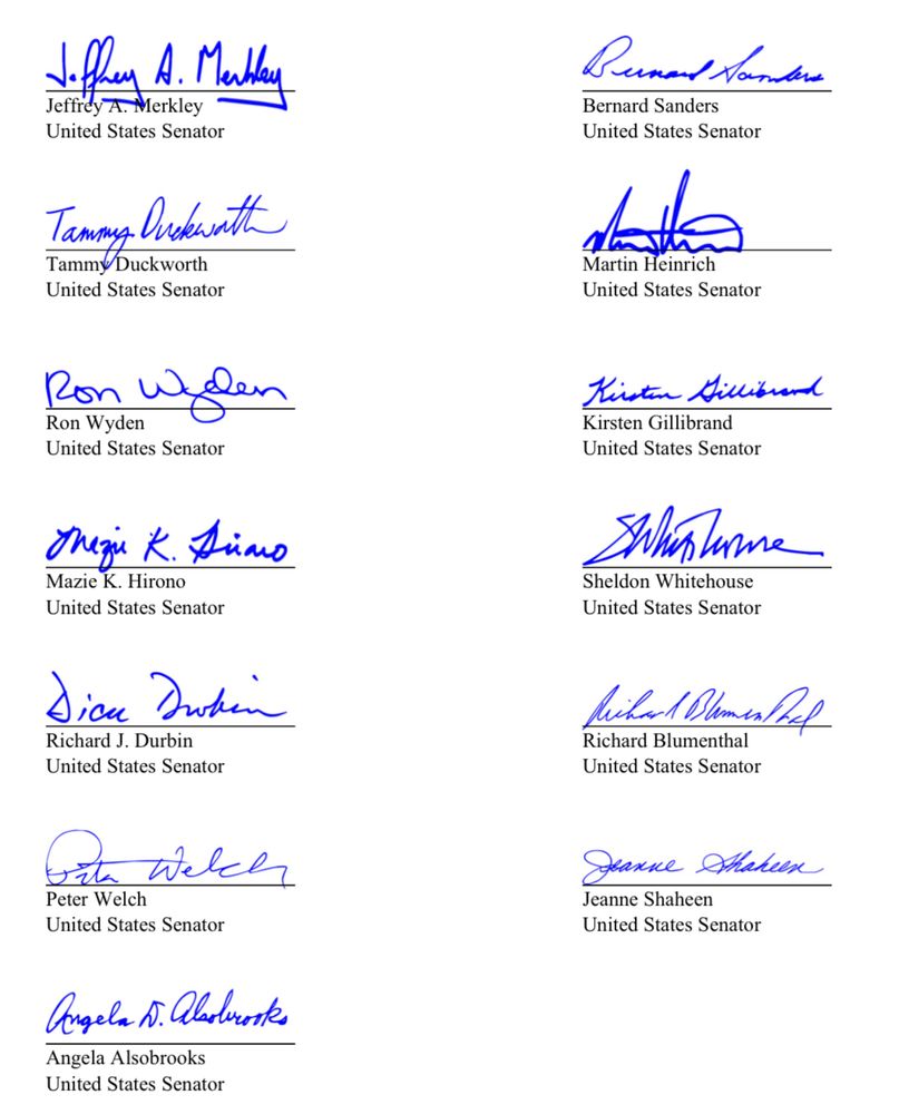 A page showing the signatures of 14 U.S. Senators who signed the letter to EPA Administrator Lee Zeldin. Signatures include Chris Van Hollen, Cory Booker, Edward Markey, Tina Smith, Jeff Merkley, Bernie Sanders, Tammy Duckworth, Martin Heinrich, Ron Wyden, Kirsten Gillibrand, Mazie Hirono, Sheldon Whitehouse, Dick Durbin, Richard Blumenthal, Peter Welch, Jeanne Shaheen, and Angela Alsobrooks. Each signature is in blue ink with the senator’s printed name and title below.