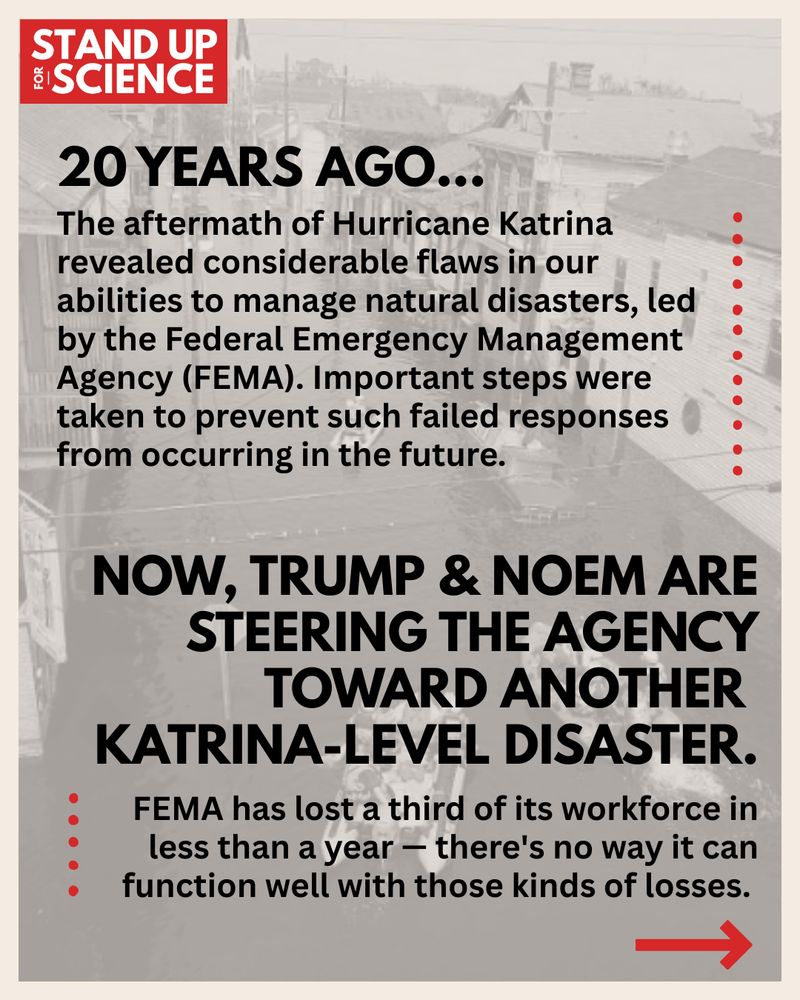Image with a background of a natural disaster overlaid with text discussing Hurricane Katrina, FEMA's disaster response, and how Trump and Noem are leading FEMA to another disaster.