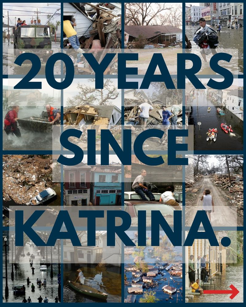 Collage of Hurricane Katrina aftermath with flooded streets, rescues, and debris. Text reads 