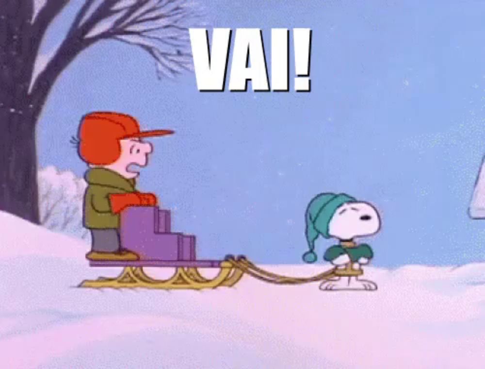 a cartoon of snoopy pulling charlie brown in a sled with the word vai written above them