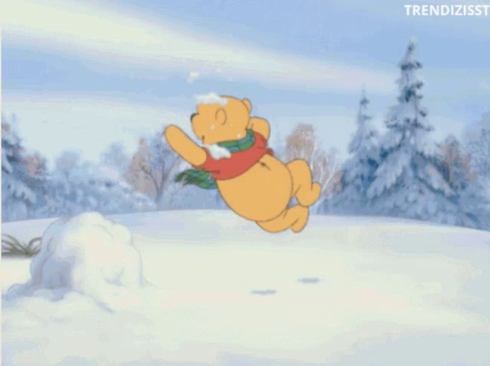 a cartoon of winnie the pooh playing in the snow with the words trendizisst below him