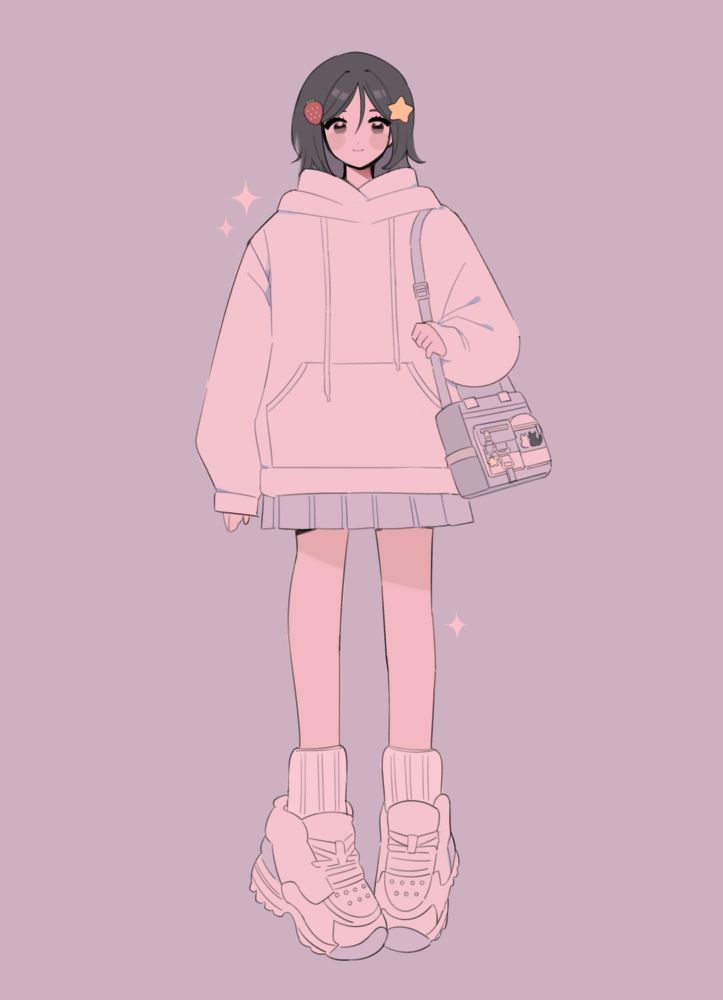 Black haired girl with star and strawberry hair clips in comfy white hoodie, denim skirt and sneakers holding a cute messenger bag
