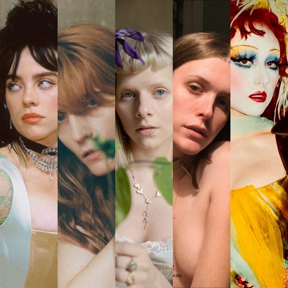 From left to right: Billie Eilish, Florence Welch, AURORA, Ethel Cain, Chappell Roan 