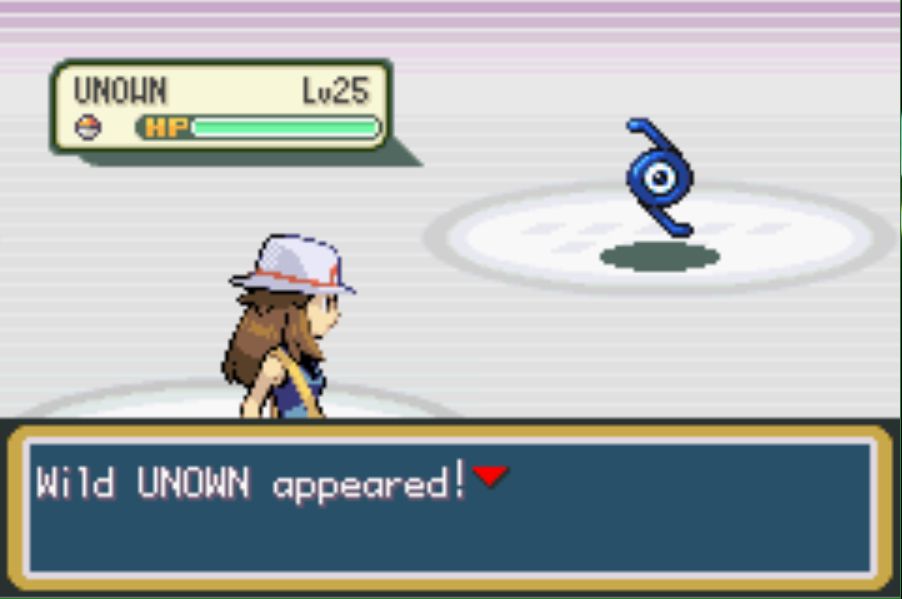 A shiny Unown letter Z appearing in game