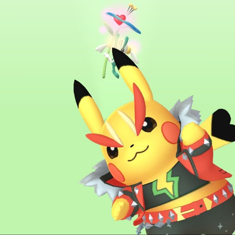 A Pikachu in a rock star outfit jumping in front of the camera in Pokémon Go