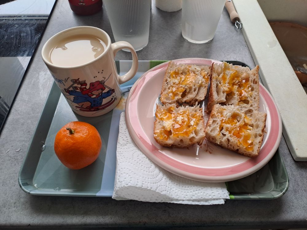 Petit plateau avec une tasse Paddington remplie, une clémentine, une assiette avec quatre tartines de confiture.