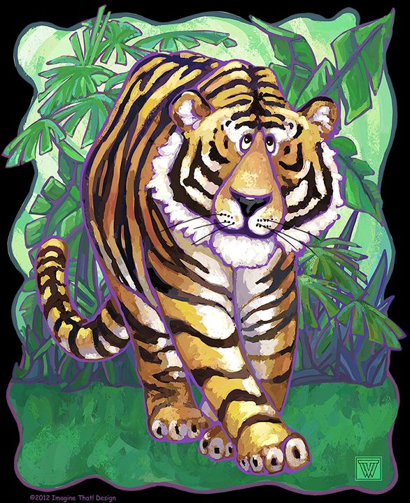 Art of a cute tiger from the front with jungle plants in the background breaking a wavy border