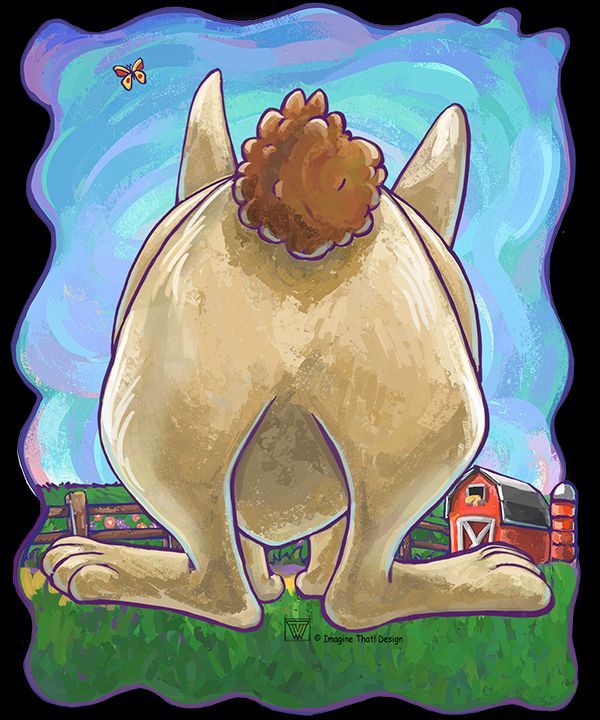 Cute artwork of a cartoony tan rabbit from the back with a fluffy brown tail standing in a field of green on a farm with a little red barn in the background.