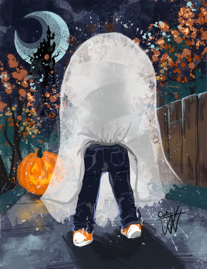 Children's book art of Halloween night with a kid in a ghost costume walking way from the viewer a sidewalk next to a fence with a jack-o-lantern, fall leaves and a crescent moon in the background. The ghost costume has been tucked into his pants to show his backside