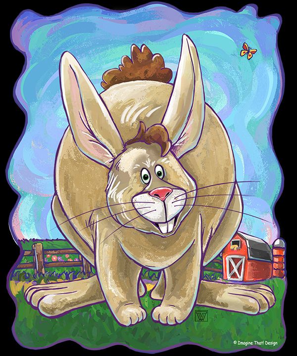 Cute artwork of a cartoony rabbit from the front standing in a field of green on a farm with a little red barn in the background.