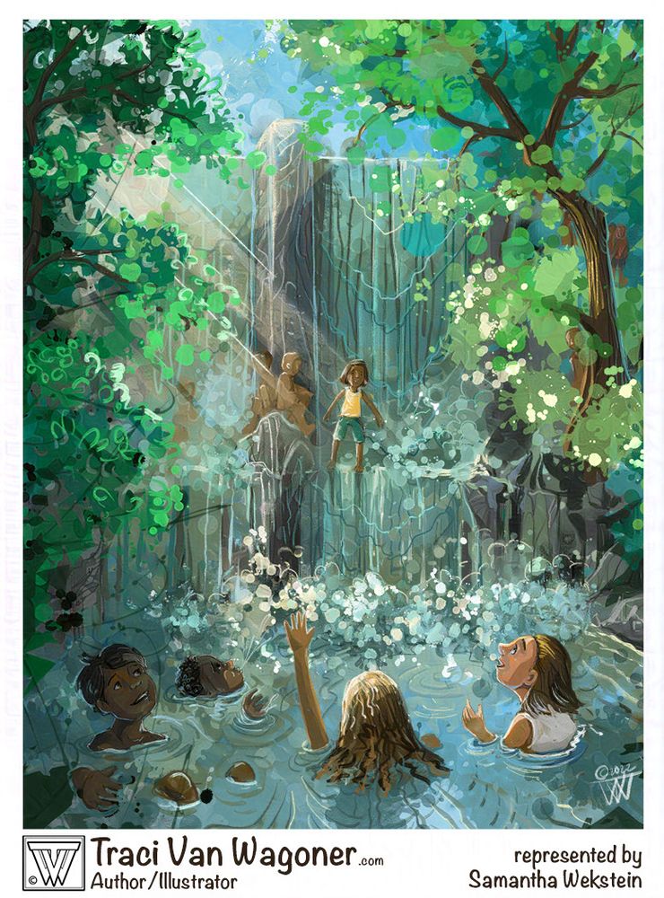 Postcard with my information on the bottom of mostly teal art with kids playing at the local swimming hole. Some kids stand on the ledge of the waterfall about to jump in past the splashes.