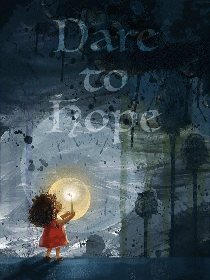Dare to hope art with the transparent words in a splatter dark cloudy background with a girl in a red dress holding a candle up to the dark.