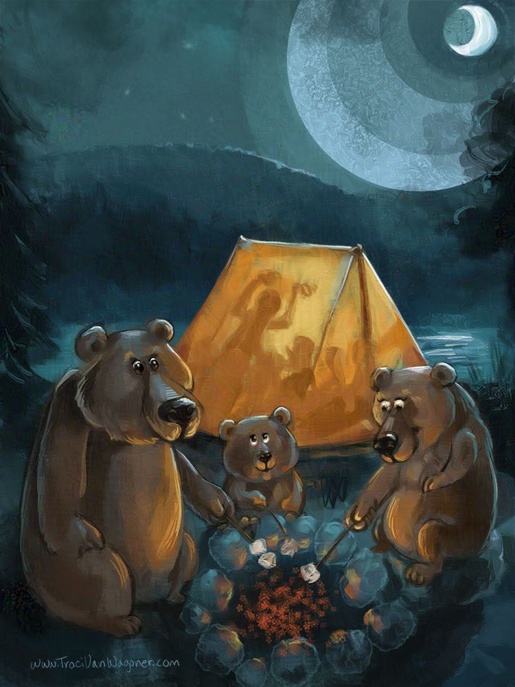 Art of three bears roasting marshmallows around a campfire while people tell spooky stories inside a glowing orange tent on the shores of a lake in the moonlight. My website address is in the bottom left corner so you can see more of my work: www.tracivanwagoner.com