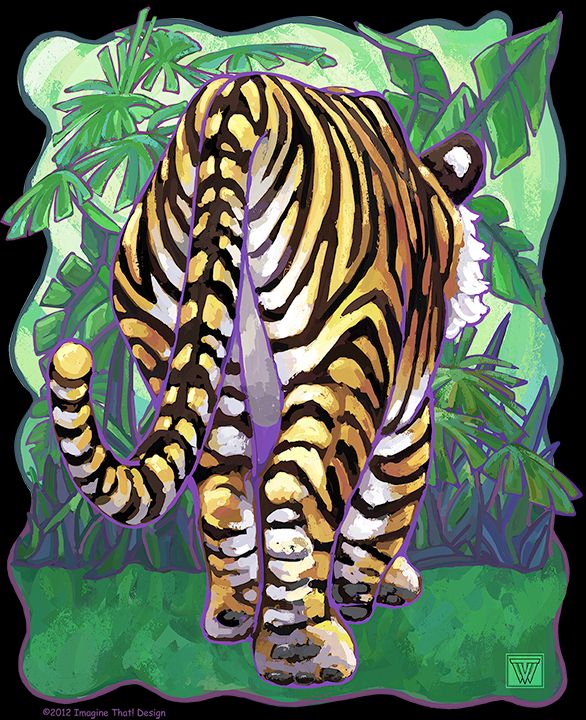 Art of a cute tiger from the back with jungle plants in the background breaking a wavy border