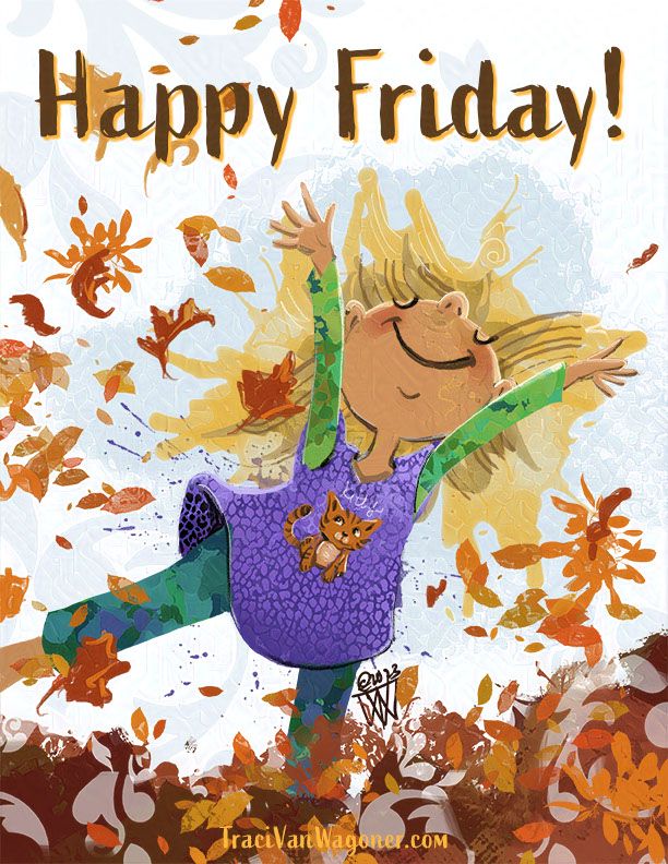 Happy Friday in brown across the top of children's book style art of a happy blonde haired girl in green and purple playing in fall leaves. On the purple dress is a cute tabby cat 