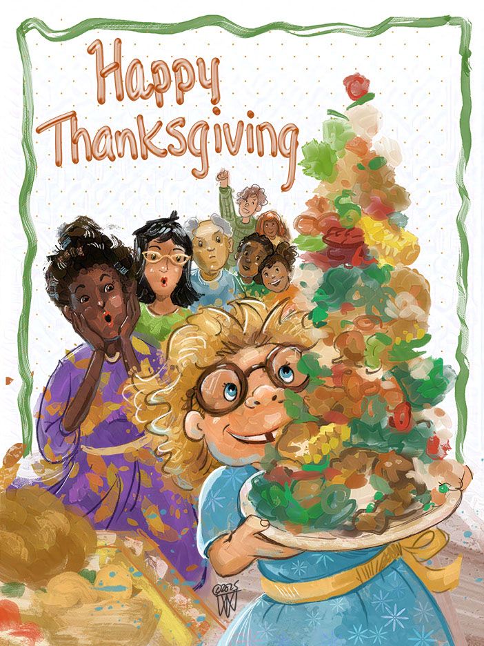 Colorful children's book style art of a Thanksgiving feast with a girl holding  an overflowing plate with food piled higher than the line of people behind her with the words Happy Thanksgiving 