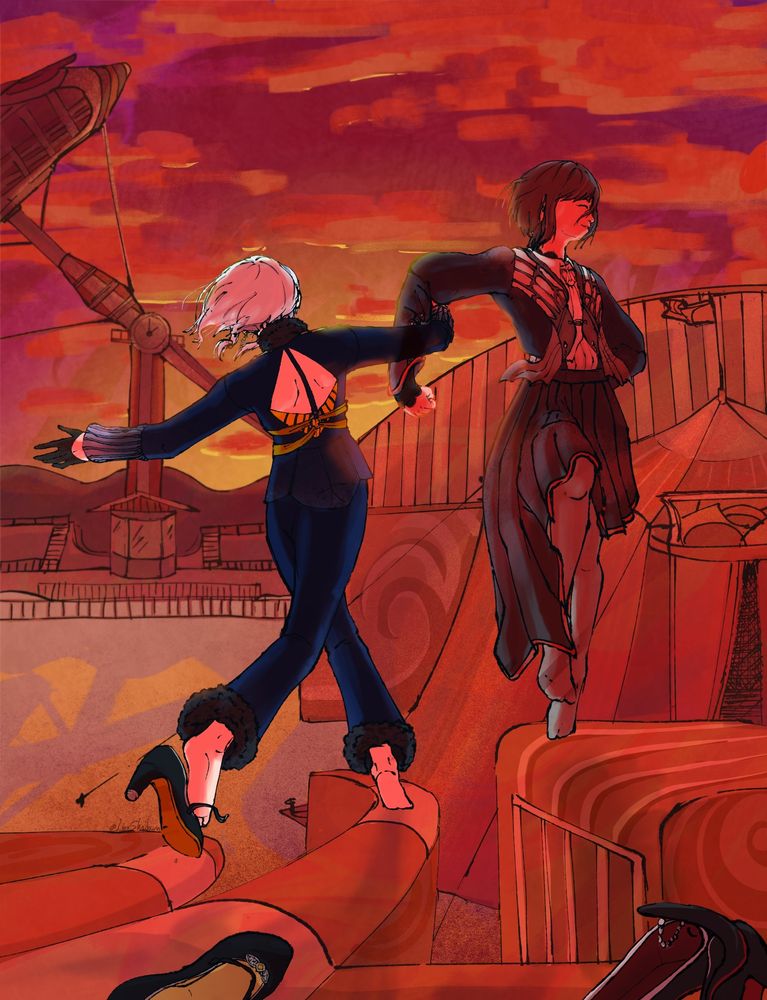 Kanade and Ena in their Unreliable Notes costumes, they are dancing.

 kanade is facing backwards, she's falling on her left leg barefoot on the top of a small wall, her right leg is crossed behind extended her shoe is falling from her foot,  she's sightly tilted towards the left, her left arm is extended and her right arm is lacing with ena's right arm, her hair is short and is moving towards the left.

Ena is jumping from the roof of a rectangular stand, her left leg extended while her right leg is going up, she's barefoot only with her costume socks, her shoes are in front much closer to us. her chest is sighlty tilted towards her left and she's looking sideways eyes closed with a smile, her right arm is lacing with kanade's arm and her left arm is bended behind her back.

The background depicts a amusement  park, on the background is a big atraction "the hammer" and to the right closer to us is a big structure with a small tent pulled up.

