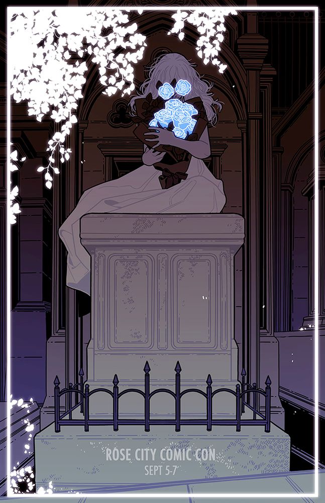 A dark illustration cast in blues, purples, blacks and whites. It shows a crowded graveyard, particularly one podium front and center. At the top is a female figure, clutching bouquet of blue roses to their face. White leaves make up most of the top left  and a few dots along the rest of the composition. Text reads 'Rose City Comic Con, Sept 5-7.'