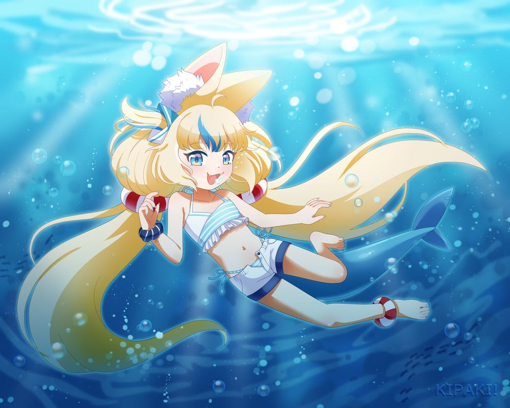 Vtuber Saba Sameko swimming under the water smiling and posing for the camera. 
