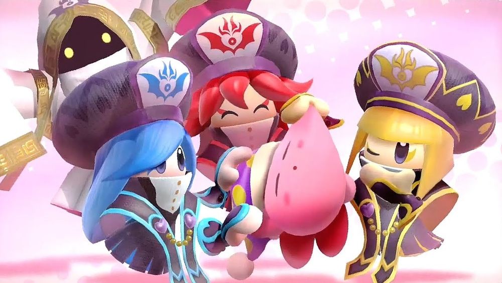 Screenshot of the Three Mage Sisters from Kirby Star Allies.
