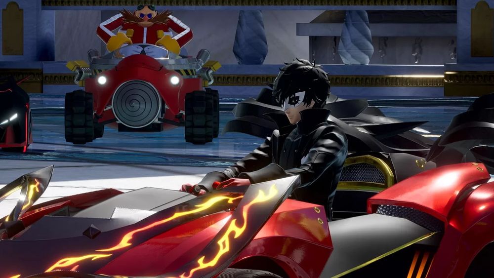 A screenshot of Joker from Persona 5 in his unique vehicle, Arsene Wing, from Sonic Racing CrossWorlds.