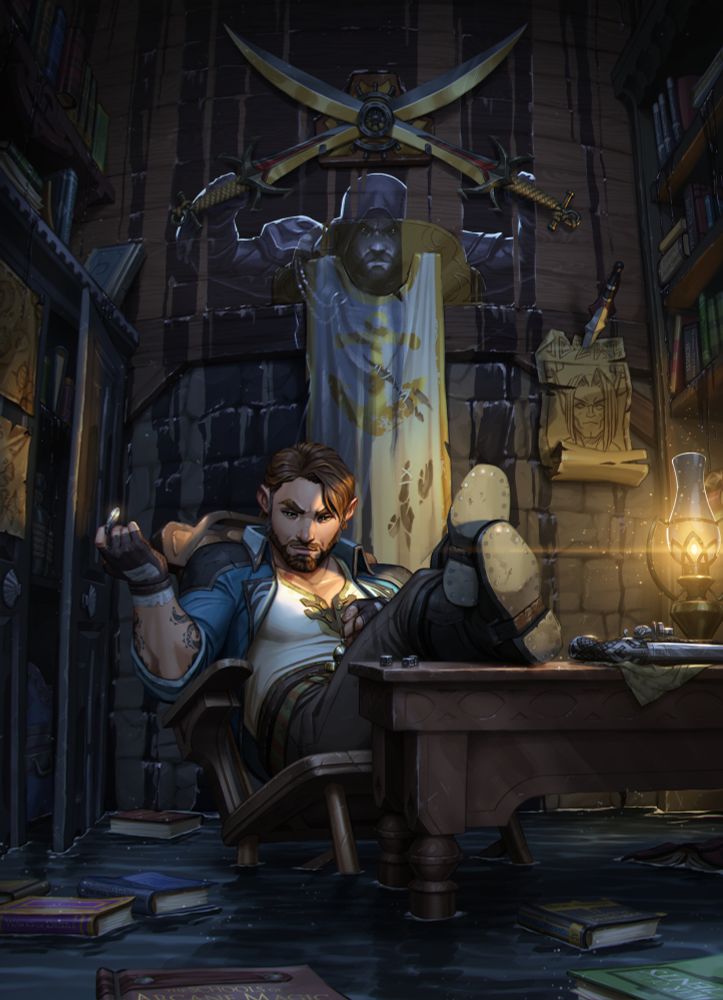 Daen Rake, Theramore Veteran and Kul Tiran Spy in World of Warcraft.

Daen (center) being his roguish self, rolling a coin on his right knuckles while checking with a smirk his most important trinket, an enchanted compass. This Sea lover is sitting in his half-flooded office, as unbothered as ever, while the silhouette of his darker self oversees him. The scene seems at the frontier between reality and dream.
