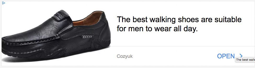 An ad: “The best walking shoes are suitable for men to wear all day.” The shoe pictured is a square moc-toed slip-on abomination. 