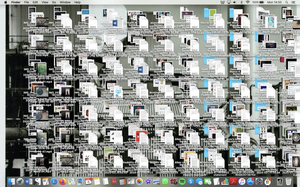 A computer desktop. Not only is it full of file and folder icons, each one has four or five more underneath. 