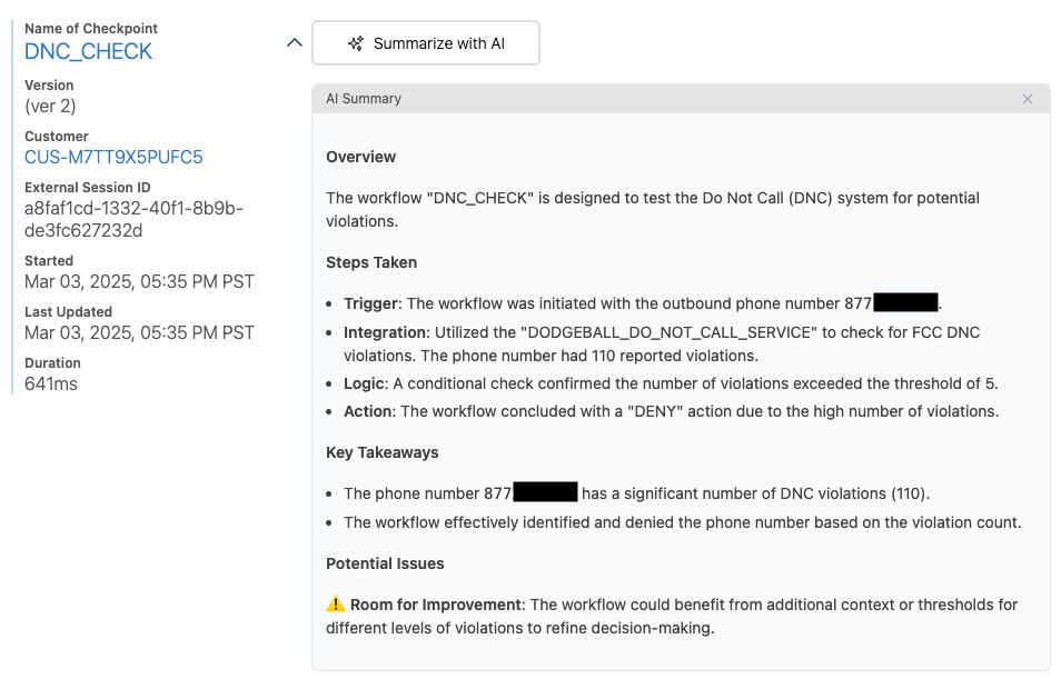 An AI Summary of a checkpoint workflow in Dodgeball showing that a phone number used in this test workflow had 110 reported violations reported to the National Do Not Call Registry