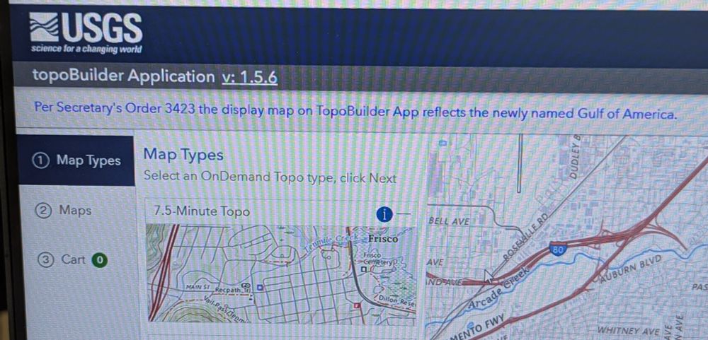 Topobuilder app has a message at the top that says the maps will now reflect the Gulf of America name change.