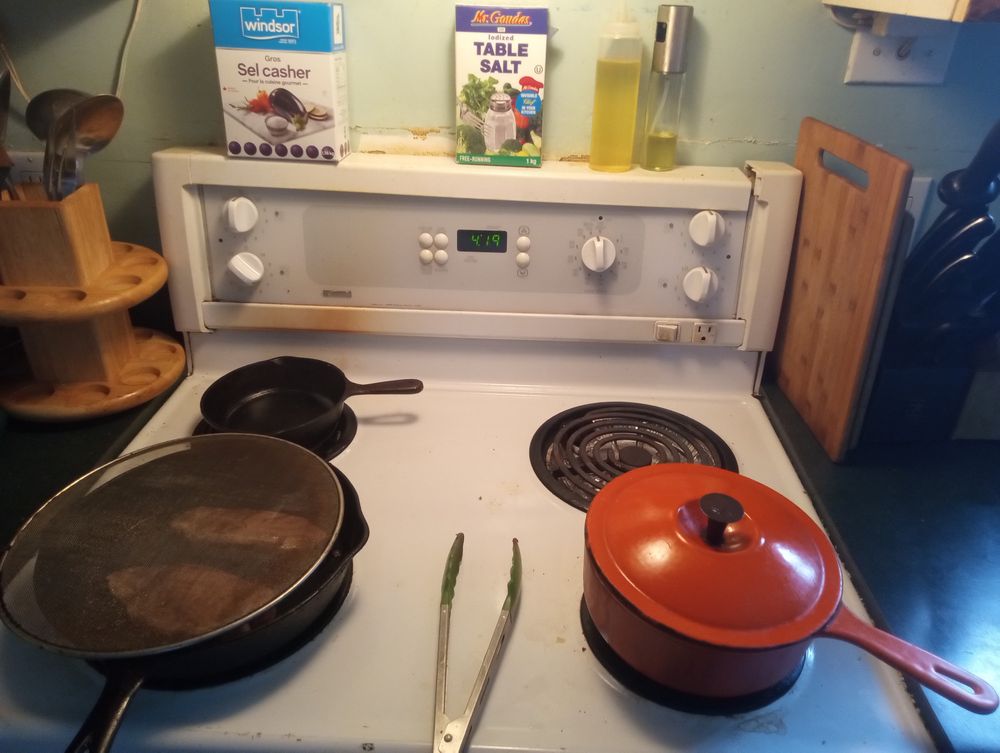 Electric kitchen stove, a cast iron frying pan with a couple of pork chops, and a enameled cast iron pot with potatoes. BO-RING!
