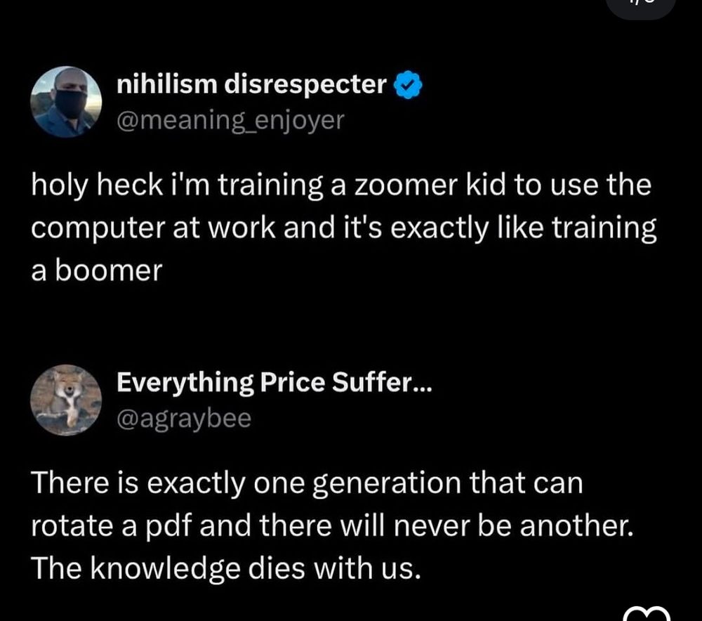 Post saying "holy heck im training a zoomer kid to use the computer at work and its exactly like training a boomer" 