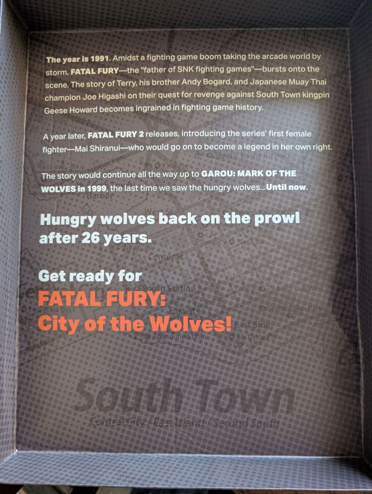 Brief summary of some FATAL FURY characters which reads:

"The year is 1991. Amidst a fighting game boom taking the arcade world by storm, FATAL FURY—the "father of SNK fighting games"—burts onto the scene. The story of Terry, his brother Andy Bogard, and Japanese Muay Thai champion Joe Higashi on their quest for revenge against South Town kingpin Geese Howard becomes ingraned in fighting game history.

A year later, FATAL FURY 2 releases, introducing the series' first female fighter—Mai Shiranui—who would go on to become a legent in her own right.

The story would continue all the way up to GAROU: MARK OF THE WOLVES in 1999, the last time we saw the hungry wolves...Until now.

Hungry wolves back on the prowl after 26 years.

Get ready for FATAL FURY: City of the Wolves!"

