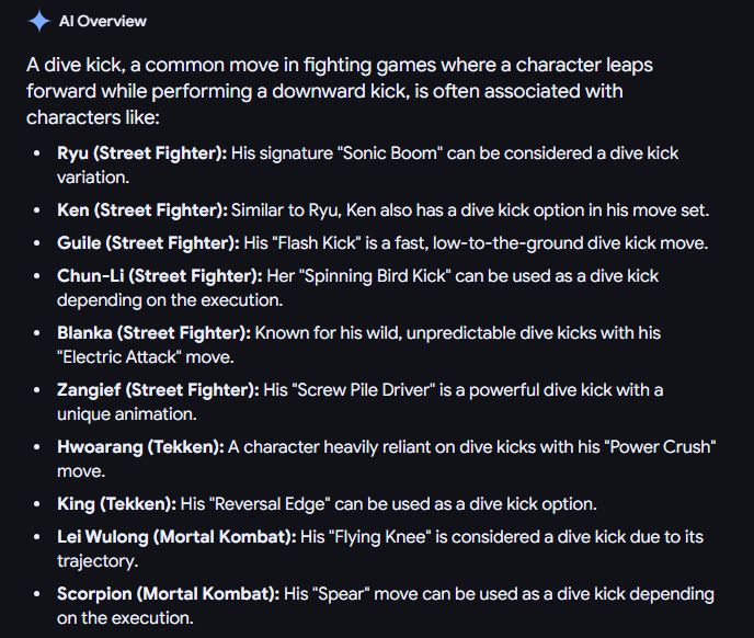 Google AI game me a list of divekicks. Here they are:
Ryu - Sonic Boom
Ken - SOnic Boom
Guile - Flash Kick
Chun-Li - SPinning Bird Kick
Blanka - Wild unpredictable dive kick with his "Electric attack"
Zangief - His Screw pile Driver is a powerful divekick with a unique animation
Hwoarng -  relies heavly on divekicks with his power crushh
King (TEKKEN) - Reversal Edge cas be used as a divekick
Lei Wulong (MORTALKOMBAT) Hi flying knee is considered a divekick due to its trajectory
Scorpion  -His Spear move can be used as a dive kick depending on if its used to smooch a cutie