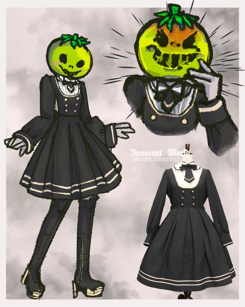 this is a drawing of kurara oosuzuki from the hundred line: last defense academy wearing the vilma OP dress from the lolita brand innocent world.
on the bottom right quarter of the image is a photo of the real dress being referenced. it is a long-sleeve, knee length, black dress with some sailor-style attributes to it, like beige ribbon on the skirt hem and cuffs. there are six gold buttons on the chest, and there is a gold hem along the low neckline. covering the chest above the black dress' neckline is a pleated white undershirt that appears to be built-in to the dress. the shirtcollar has a black ribbon along the edge and is adorned with a short black tie with gold accents, and a black & white bow.
the full body image of kurara is in a 3/4 perspective pose, with her elbows tucked in and hands flared out above her skirt as if she's showing it off. she wears her canon footwear, which are knee-length black and gray boots with gold on the heel and toe areas. there's a happy expression on her tomatillo mask.
the close-up drawing of kurara has an angry expression on her tomatillo mask, with the top of it turning red. she has one hand near her face and expressive lines behind her. it can be read as if she's suddenly upset.