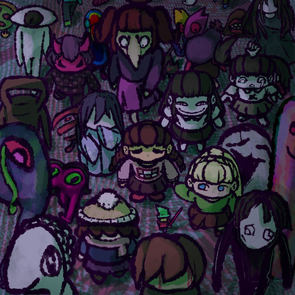 this is a group shot of multiple characters from yume nikki, all facing forward and walking as if in a parade. the color scheme heavily features purple, pink, and green. there is a dual-tone moire pattern serving as the background and floor.
the main character, madotsuki, is in the center. surrounding her are various NPCs from throughout the game, notable ones including poniko, uboa, monoe, monoko, seccom masada, eggplant NASU, and a toriningen. other unique NPCs depicted include the yuki-onna, mafurako, shitai-san, mars-san, e-man, dave spector, famicom dwarf, a pirori, passenger, e-man, famicom demon, an eye person, a wheelie, neon parrot, the black cat, steve leif kareha, a mouth monster, a nopperabou woman, kyuukyuu-kun, and a couple mall shoppers. 