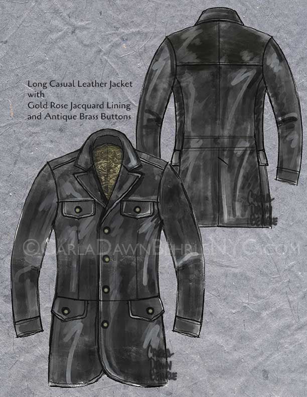 Rendering of the long leather jacket requested by 6'8" Client - there may be minimal changes along the way, but this is basically it!