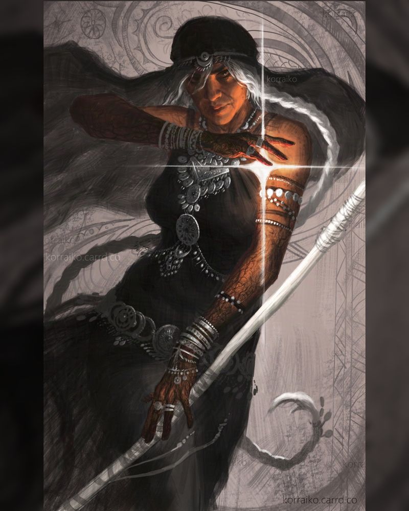The digital illustration shows a woman with gray long hair, braided into braids, on her head she wears a dark long scarf, she is wearing a dark dress. The woman is wearing silver jewelry, on her head she has a tiara and many bracelets on both arms, her entire torso is covered with necklaces and on her hip is a silver belt. The woman's arms are covered with dark marks similar to veins. On her left hand the woman holds a white staff, and under her right hand she has a bright light in the shape of a star. Behind the woman are painted patterns and a beige background