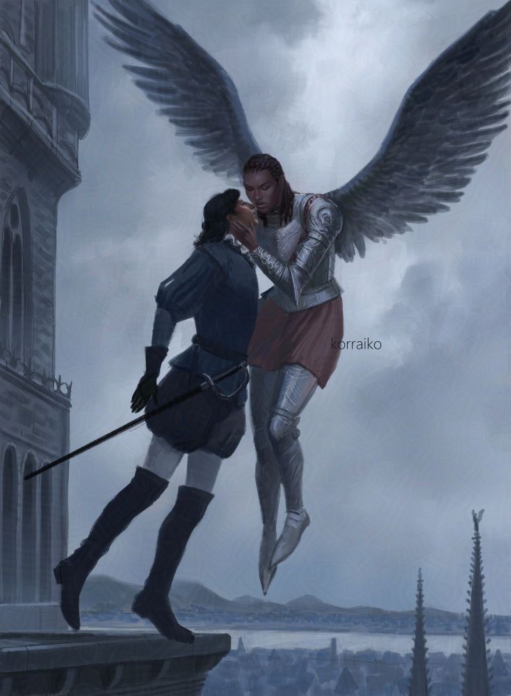 The illustration shows a couple, on the left stands a man in dark blue robes, he is trying to kiss an angel in armor, the angel is on the right of the man, they are both flying in the air. The background depicts a city in a medieval setting
