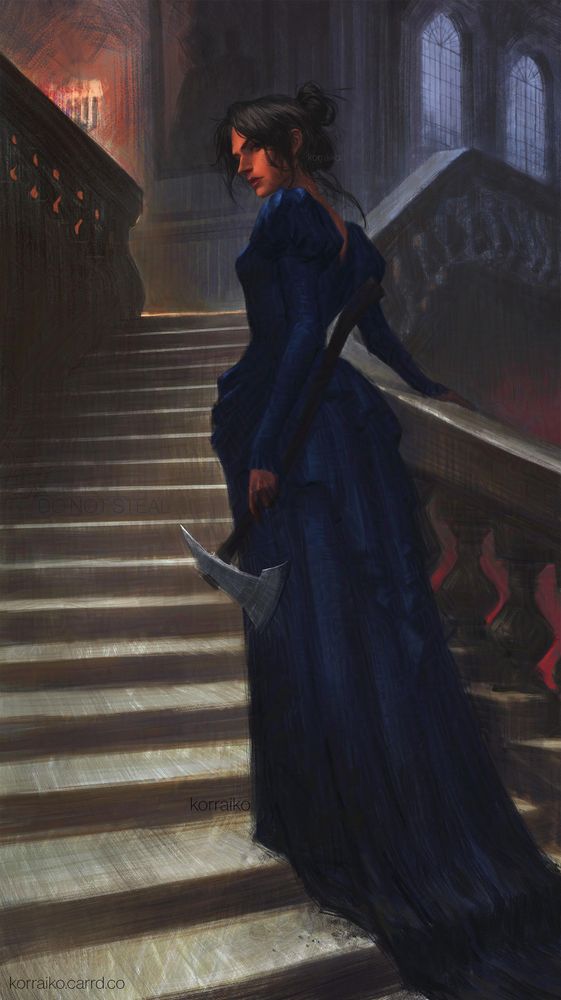 The digital illustration shows a woman with dark long hair, gathered in a messy bun, she is wearing a dark blue dress, in her left hand she is holding an axe. Behind the woman is a stone staircase, which she is climbing. In the upper right corner are large windows, behind the woman's head is a large portrait of a couple, in the upper left corner are stairs leading up