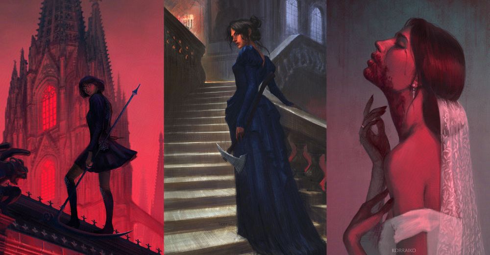 Left: The digital illustration showing a woman in a dark dress holding a scythe. The cathedral and red sky are in the background
Center: The digital illustration shows a woman with dark long hair, gathered in a messy bun, she is wearing a dark blue dress, in her left hand she is holding an axe. Behind the woman is a stone staircase, which she is climbing. In the upper right corner are large windows, behind the woman's head is a large portrait of a couple, in the upper left corner are stairs leading up
Right: The digital illustration shows a woman in a wedding dress, her mouth and neck covered in blood