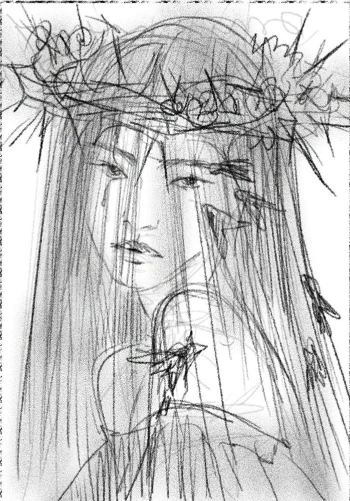 Rough sketch of a portrait of a woman wearing a veil and a crown of thorns on her head
