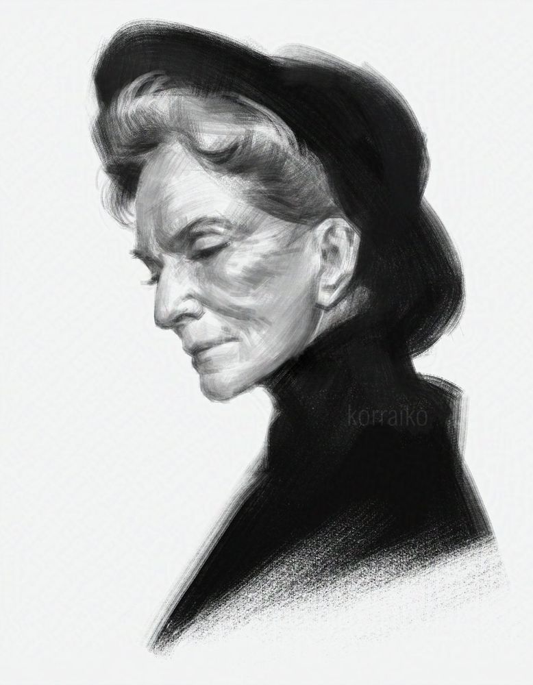 black and white digital portrait of an elderly woman in a black wide-brimmed hat