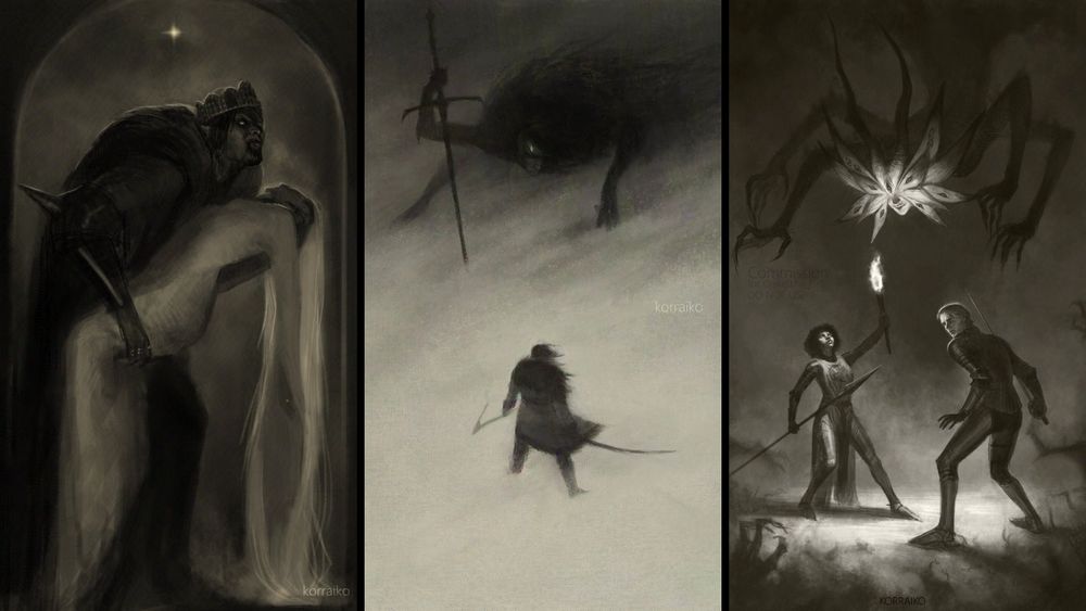 Left: The black and white digital illustration shows a vampire with a crown and his victim a woman in a white dress. The vampire holds his victim in his arms
Center: The black and white digital illustration depicts a warrior in a fur coat, holding a sword and a pickaxe in his hands, opposite the warrior stands a large humanoid monster with a large sword. The scene takes place in a snowstorm
Right: The black and white digital illustration shows a woman and a man dressed in armor standing in a dark space, dark smoke is surrounding them, and hand-like shapes emerge from the dark smoke. At the top of the painting, a large humanoid figure hovers above the woman and man, with sharp horns on its head, multiple wings growing from its face, each wing having eyes, and it has four arms. The woman and man have fear on their faces.