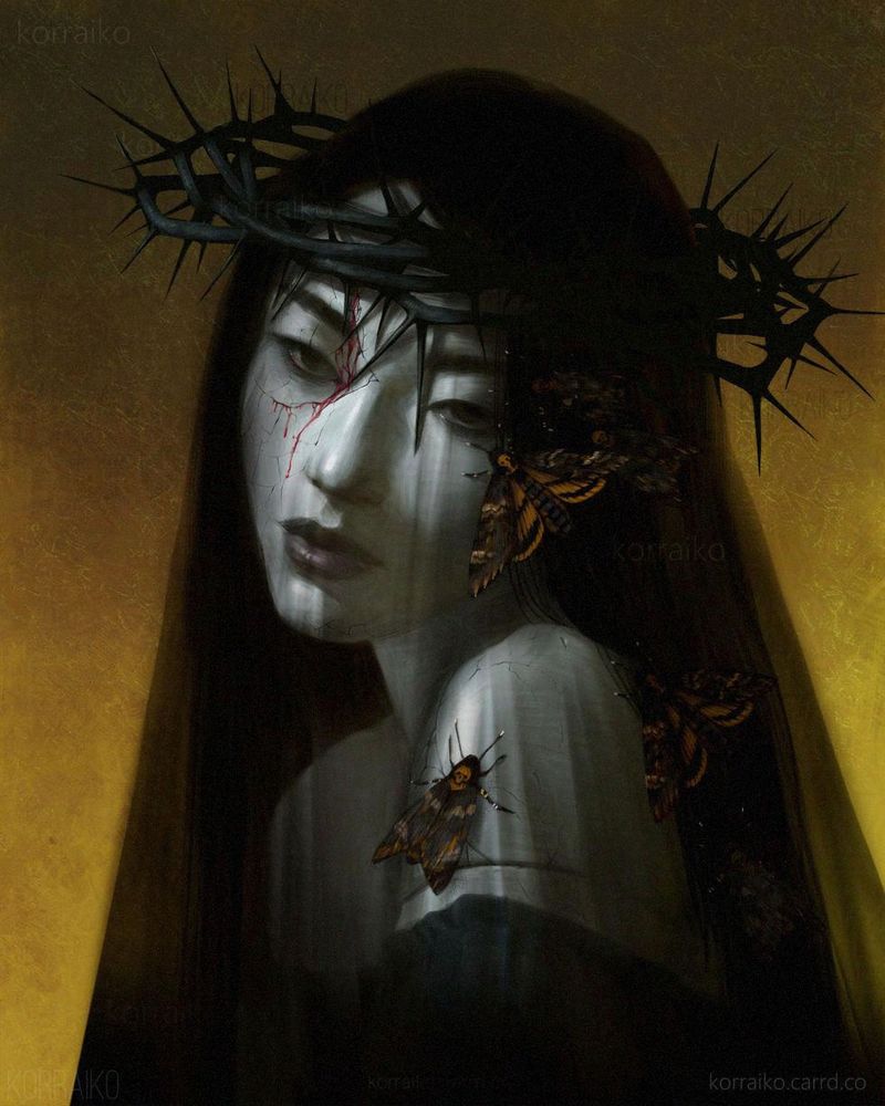 The digital portrait shows a woman with pale skin and dark long hair, she looks like a doll, her face cracked and bleeding. She is wearing a black veil and has a crown of thorns on her head. Near the woman's face and on her right shoulder sit several moths