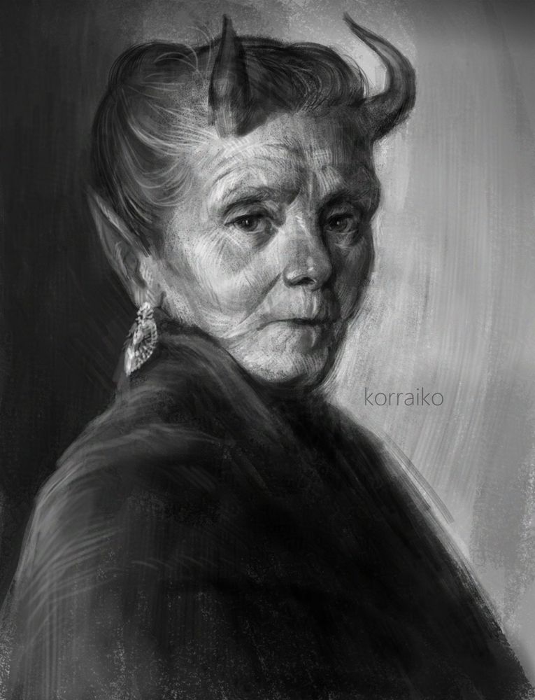 black and white digital portrait of an elderly woman, her hair is pulled up into a bun, she wears earrings, horns grow on her forehead